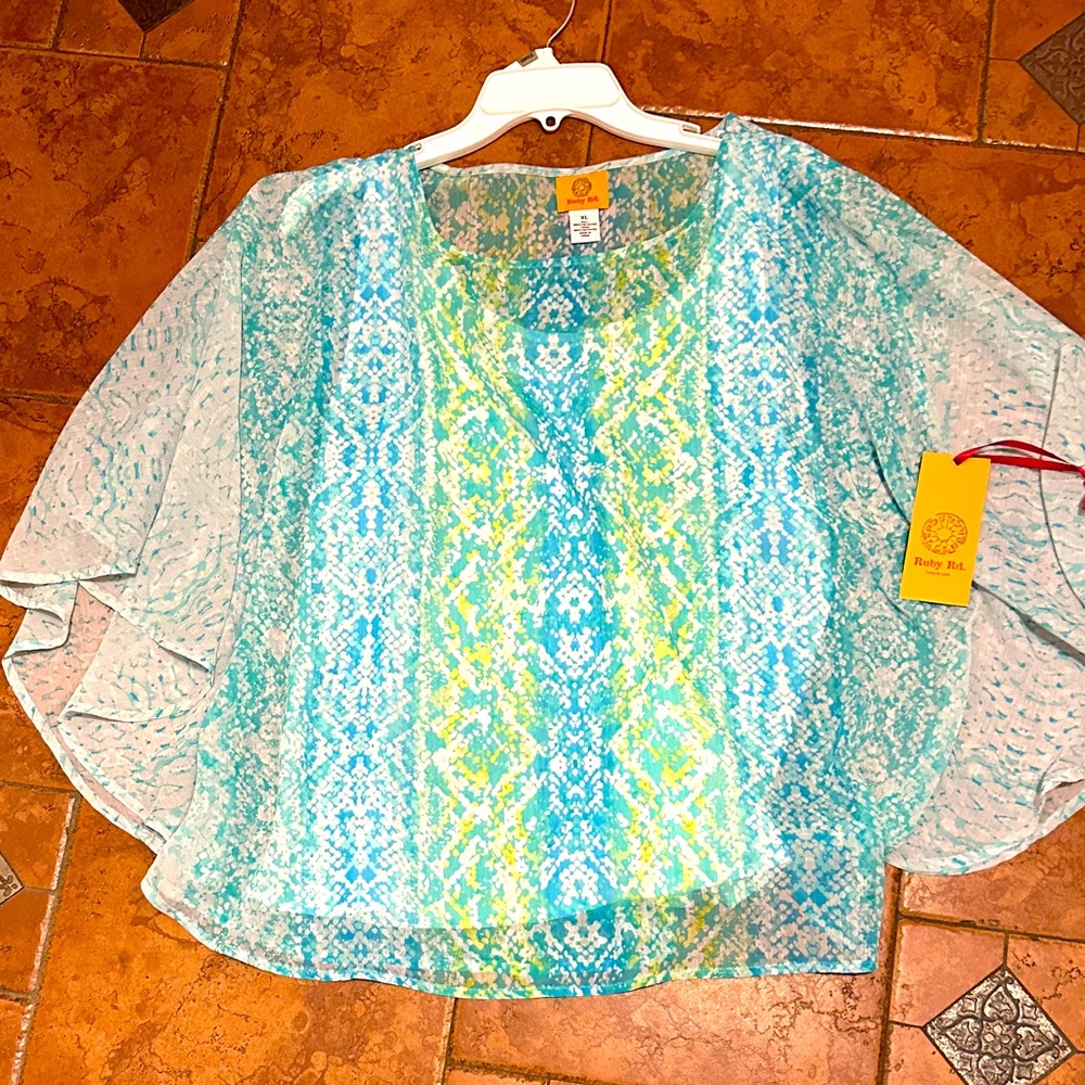 Ruby Rd. Blue and Green Patterned Top with sequins.